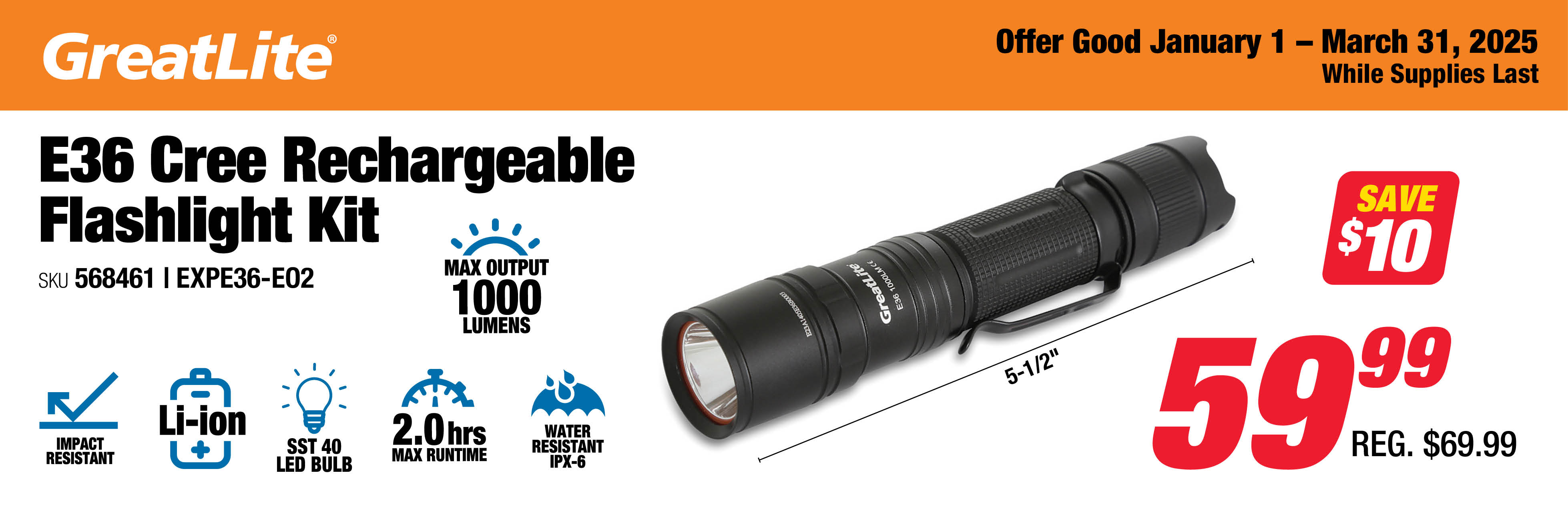 GreatLite 568461 1000 Lumens LED Rechargeable 5 Light Mode Professional Flashlight