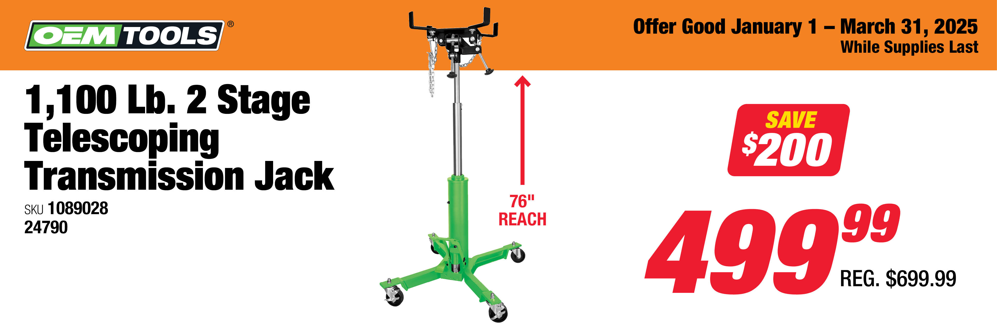 OEMTOOLS 24790 1100lb 2 Stage Telescoping Transmission Jack